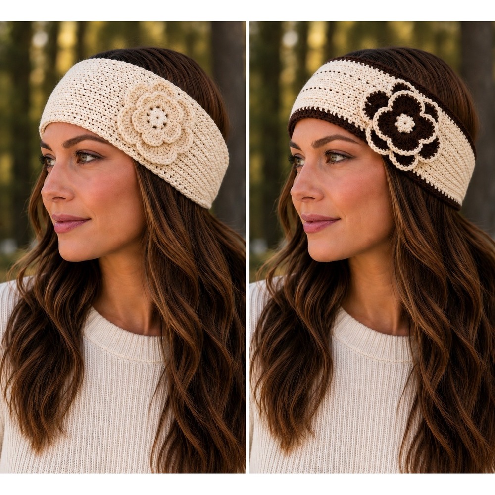 Cheveux C.C. Headband OS Boho Cottagecore Handmade Floral Knit Cotton Cream